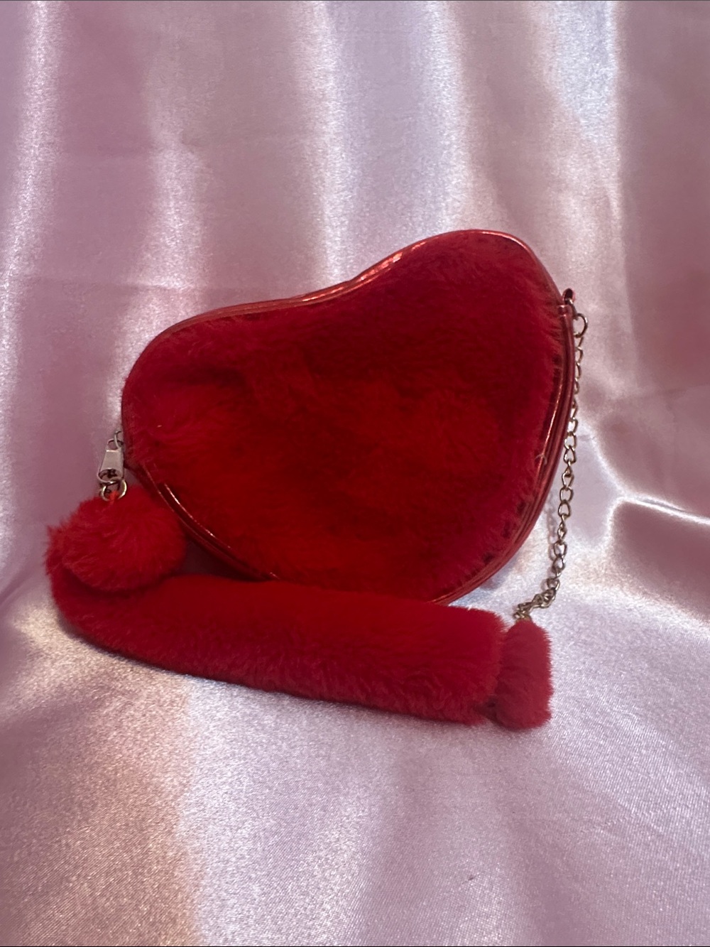 Red Heart-Shaped Faux Fur Crossbody Bag